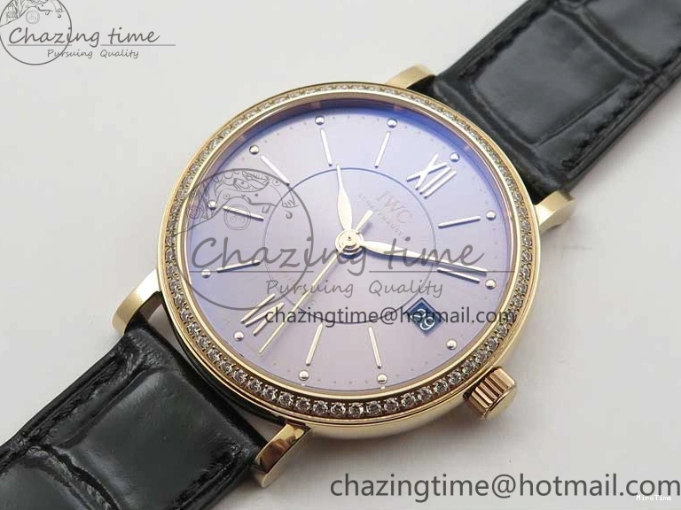 MIROTIME 1218 Durable Portofino 37mm RG V7F 1:1 Best Edition Gray Dial Diamonds Bezel on Black Leather Strap A 7089